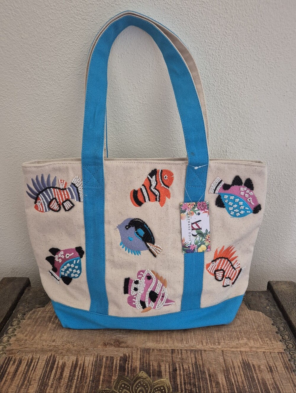 Canvas Tote Bag with Turquoise Accents and Colorful Beaded Fish Embroidery